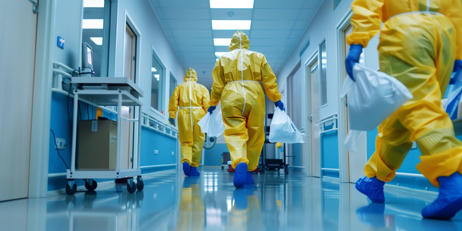 Group of healthcare workers walking in hallway in PPE