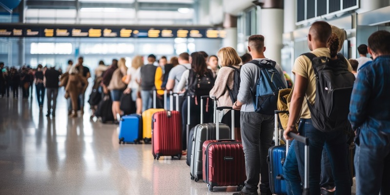 group of people in airport with luggage