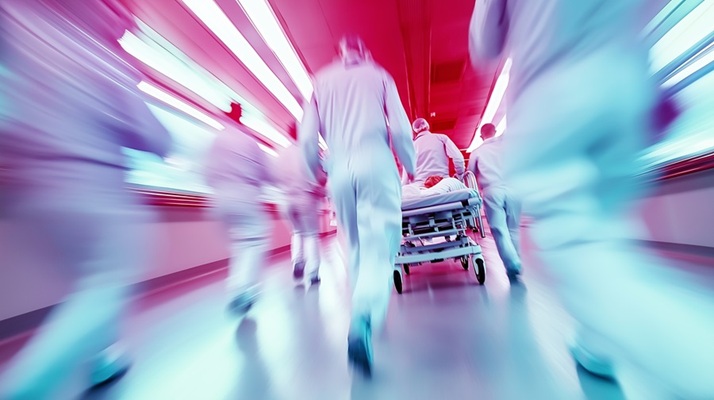 Healthcare workers running down a hallway with a patient