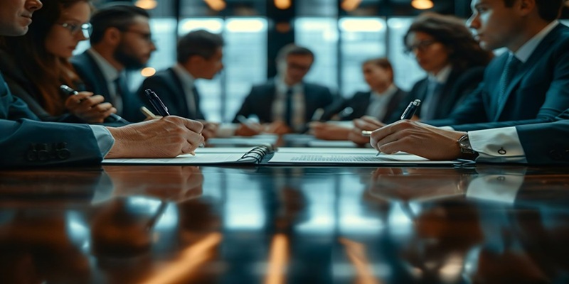 Group of workers during a discussion at a meeting