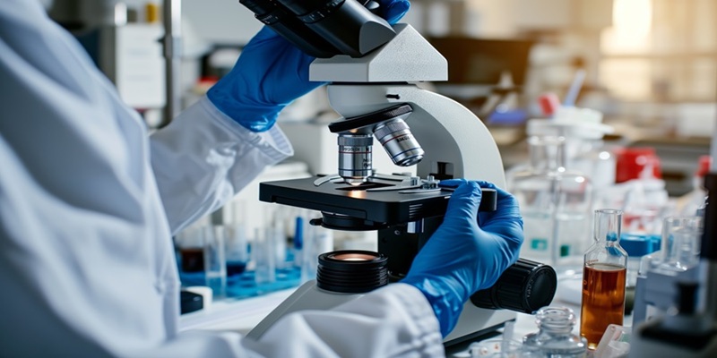 person looking in microscope