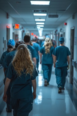 Group of nurses walk down hallway