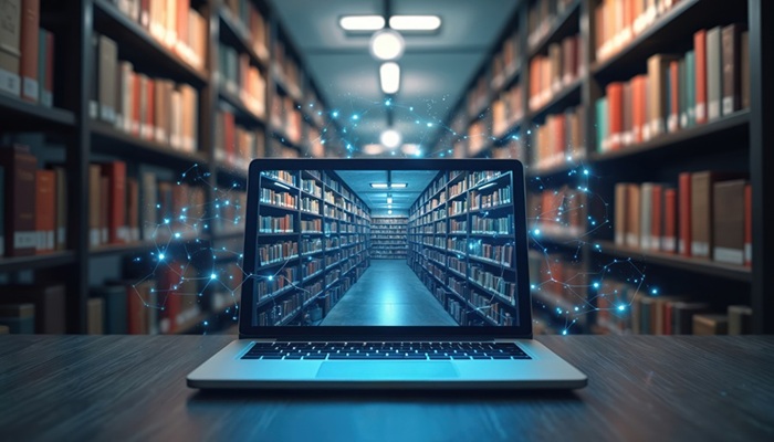 laptop on desk in library