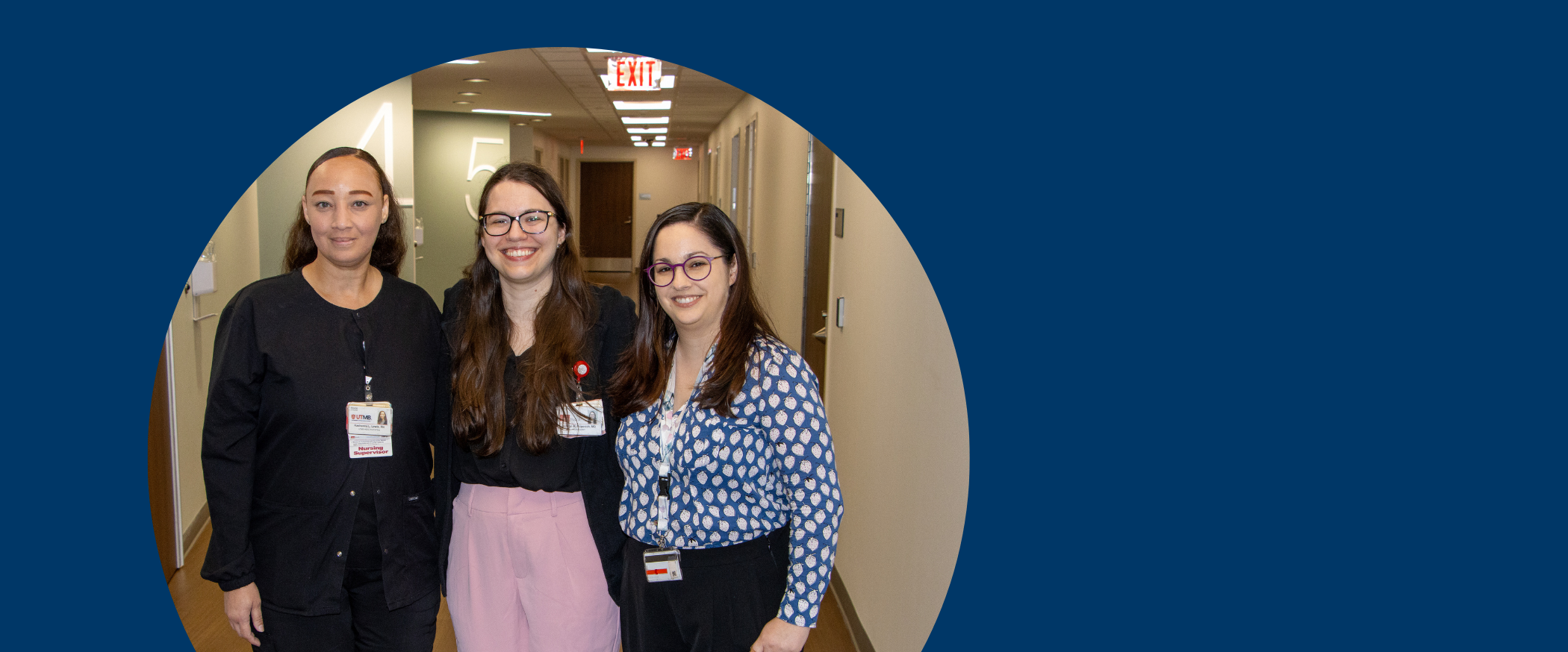 Three people from the UTMB Health behavioral care unit in Galveston on a dark blue background