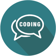 circle button with 'CODING' inside speech bubbles