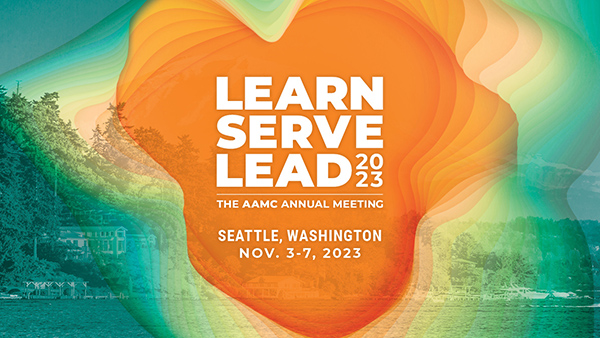 Orange and green graphic featuring a logo that says: Learn Serve Lead 2023 The AAMC Annual Meeting Seattle, Washington Nov. 3 - 7, 2023