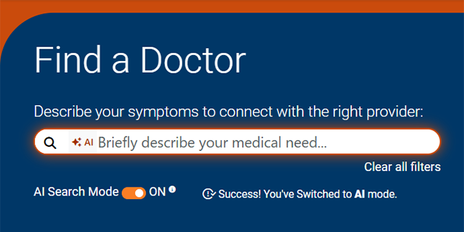 A screenshot from the Find a Doctor web page showing where the AI Search Mode feature can be toggled on.
