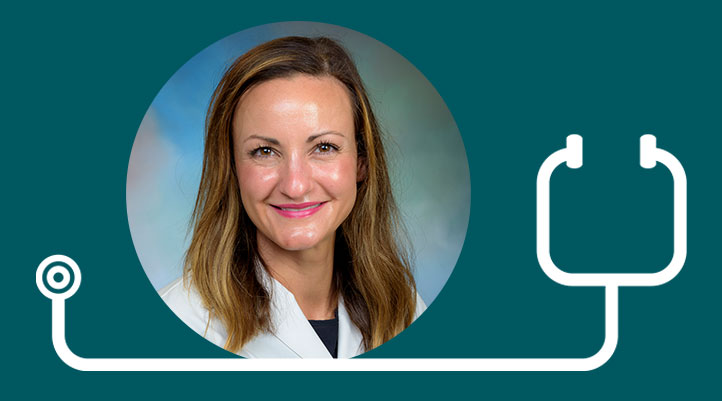 Allison Mitchell on a dark teal background with a white stethoscope graphic