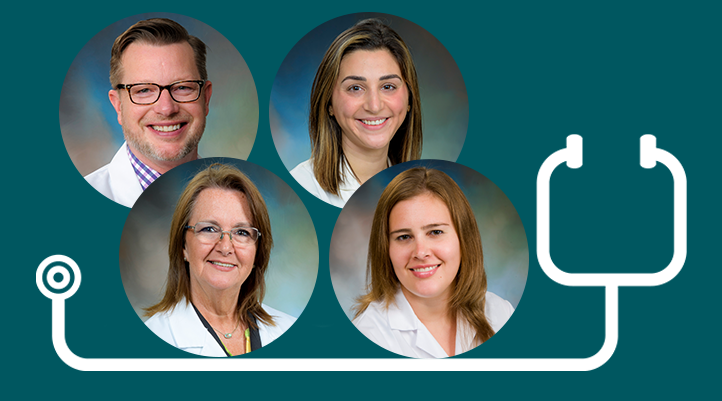 Zachary Carson, Jessica den Herder, Tammie Michael, and Jennifer Young's headshots in circles on a dark teal banner with a white stethoscope icon.