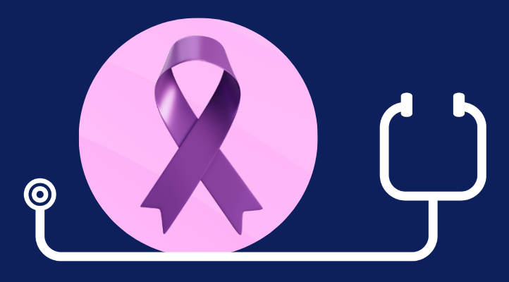 A graphic with a dark blue background with the purple Cancer Prevention Month ribbon in a circle and a white stethoscope icon.