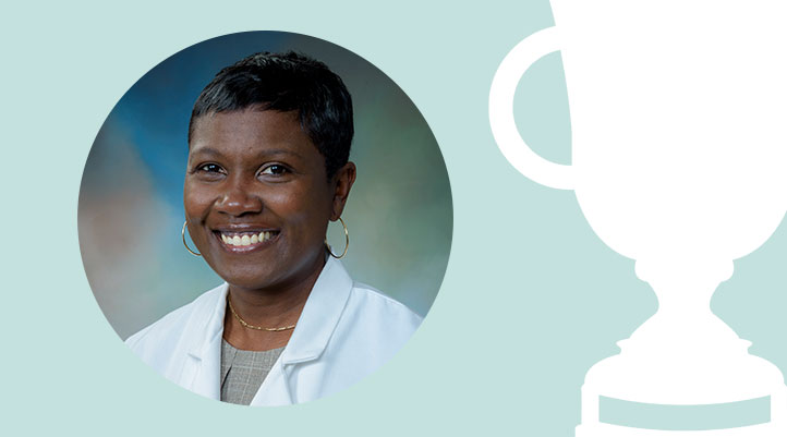 Ricshonda Milburn on a light teal background next to a white trophy graphic