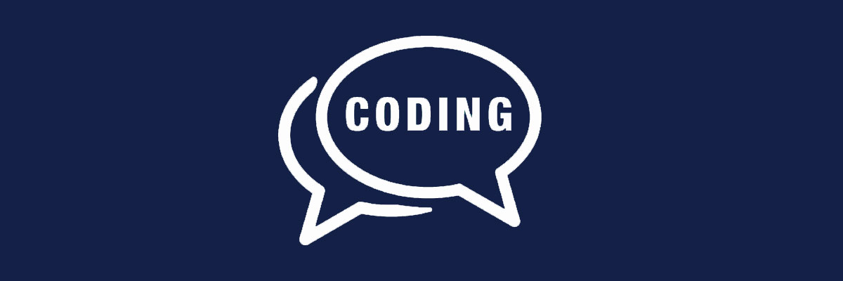 Speech bubble icon with the word "coding" on it, on a dark blue background