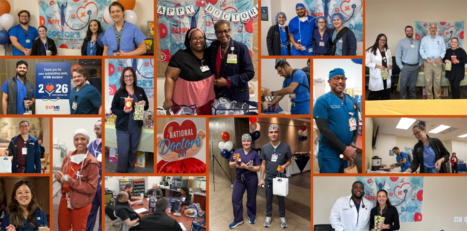 A collage from Doctors' Day 2026, showing doctors smiling at their campus celebratory breakfast events