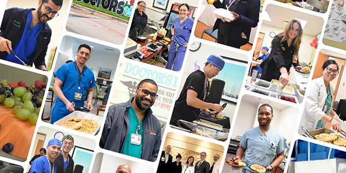 A collage showing Doctors' Day 2025 with doctors smiling and enjoying their campus breakfast celebrations