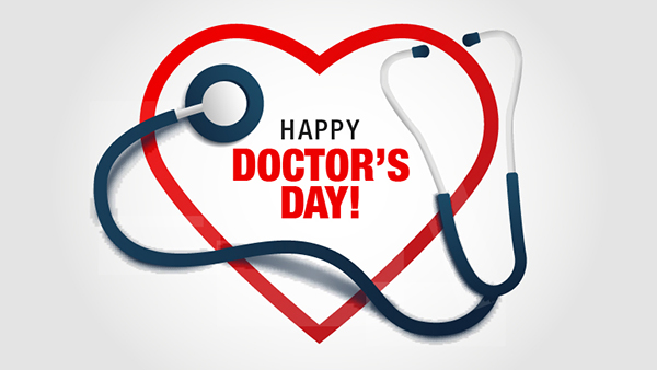 Happy Doctors' Day graphic with a heart and a stethoscope