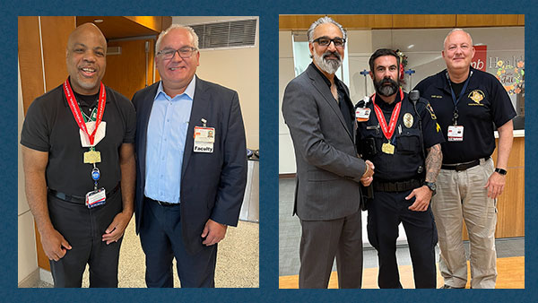Two side by side photos: the first features Jerry Gary and Dr. Vicente Resto; the second features Dr. Gulshan Sharma, Cpl. Daniel David, and Chief Ken Adcox