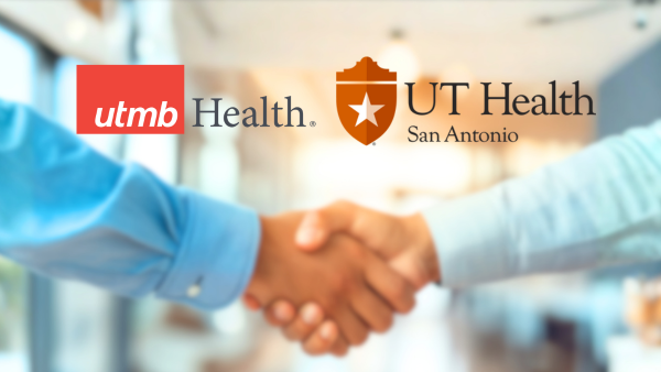 Hands shaking with the UTMB Health and UT Health San Antonio logos at the top of the image