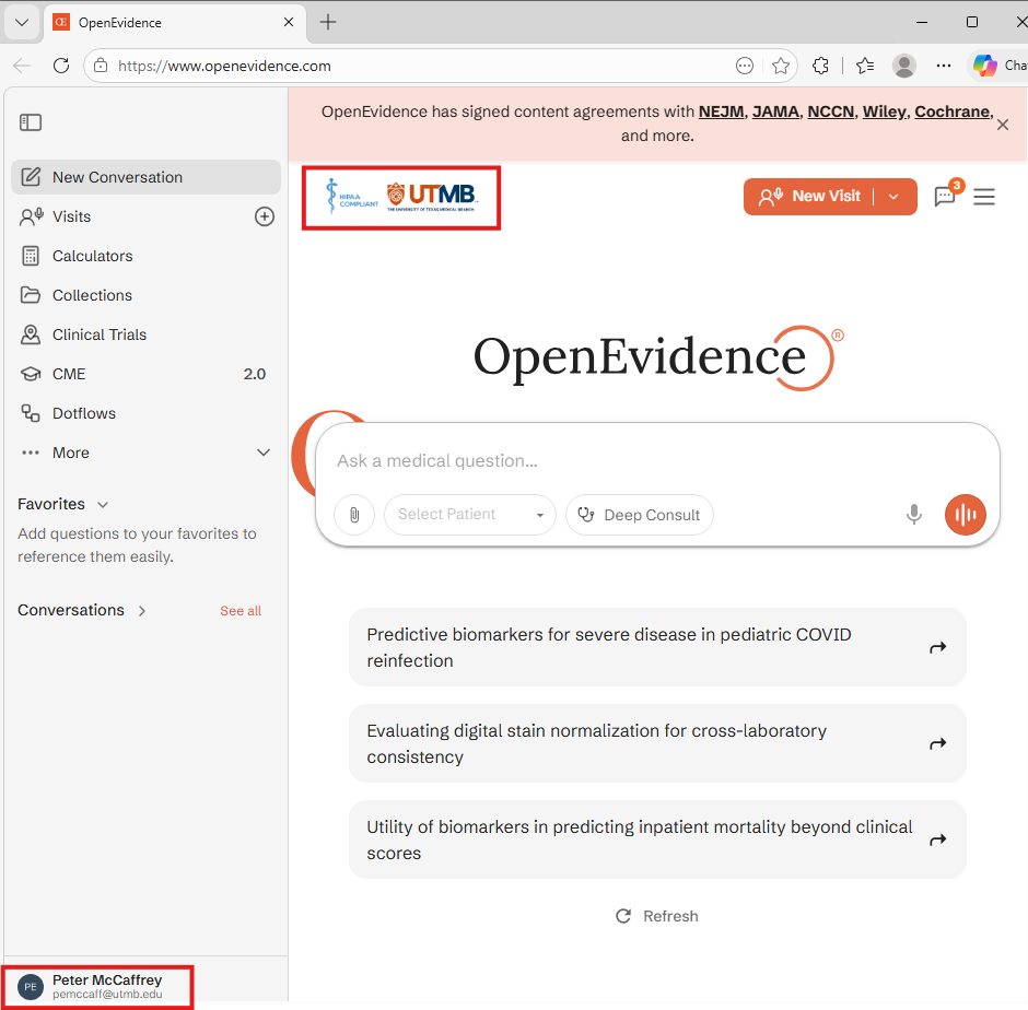 open evidence screen logged in