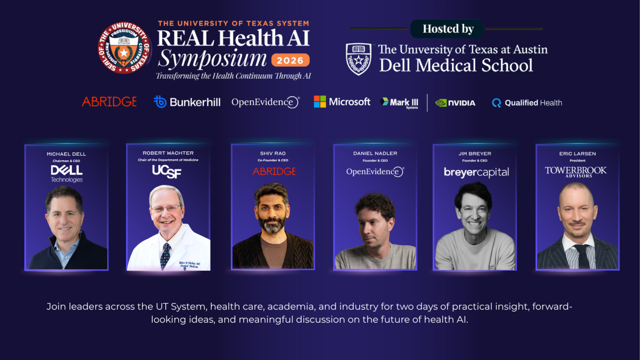 Keynote speakers Michael Dell, Robert Wachter, Shiv Rao, Daniel Nadler, Jim Breyer, and Eric Larsen.
