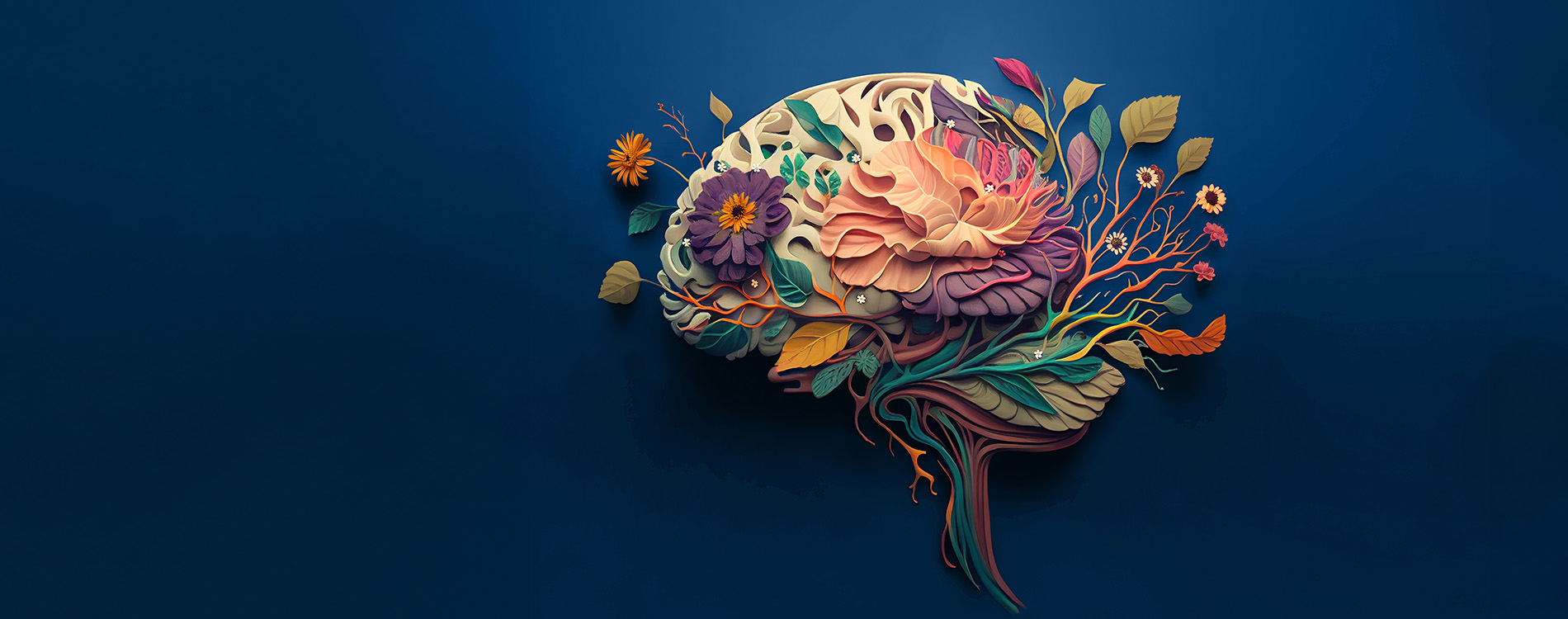 A digital illustration of a brain with flowers, vines and leaves