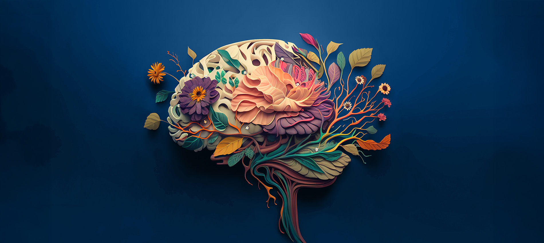 A digital illustration of a brain with flowers, vines and leaves