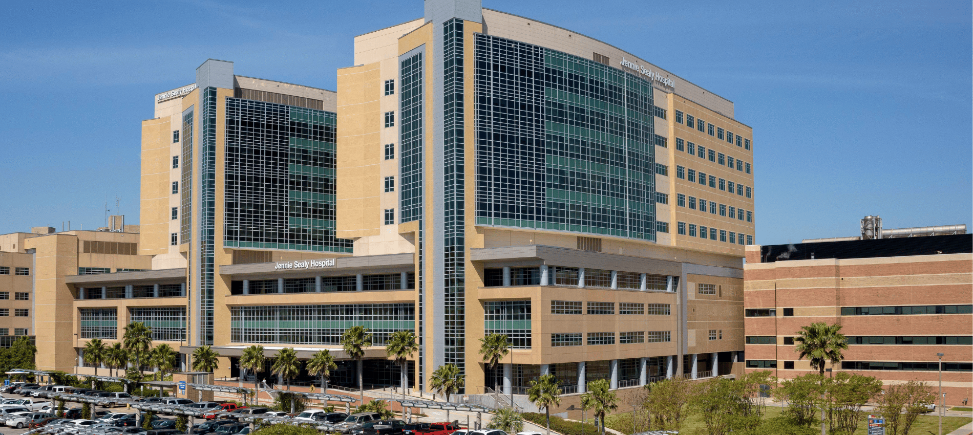 Exterior of Jennie Sealy Hospital on a sunny day