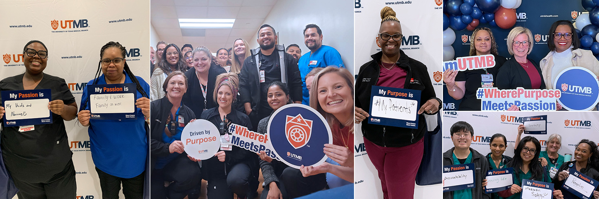 Logo Launch employee collage A collage of UTMB employees holding up branded signs