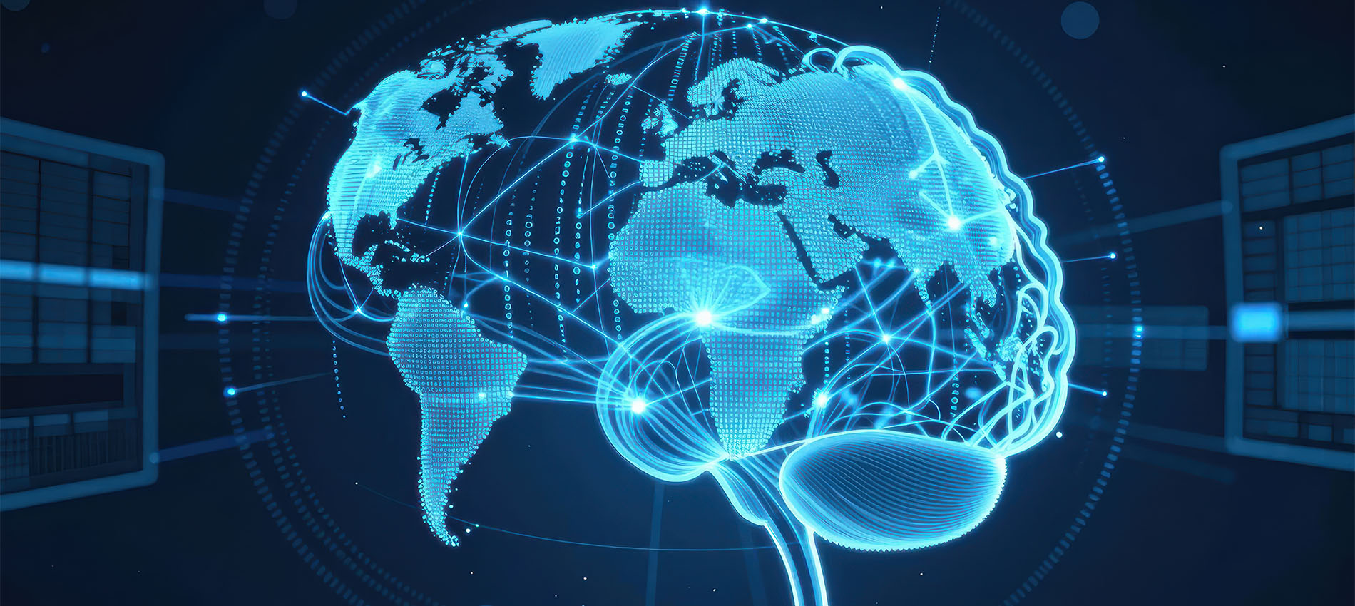 Outline of a human brain overlaid with a world map and connected by glowing network lines on a dark background.