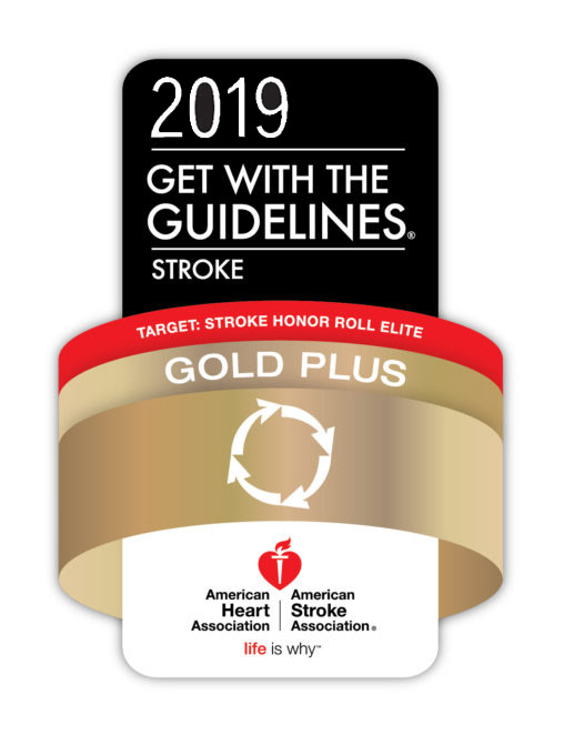 Black and gold badge reading ‘2019 Get With The Guidelines® Stroke – Target: Stroke Honor Roll Elite Gold Plus’ with the American Heart Association and American Stroke Association logos.