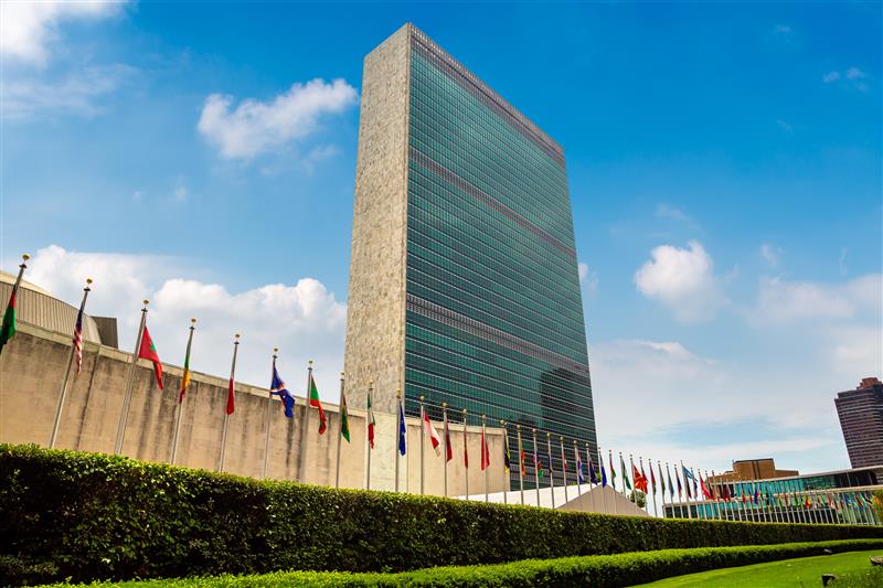 Exterior view of the United Nations Headquarters in New York City, showing the tall glass General Assembly building with international flags lining the plaza under a blue sky