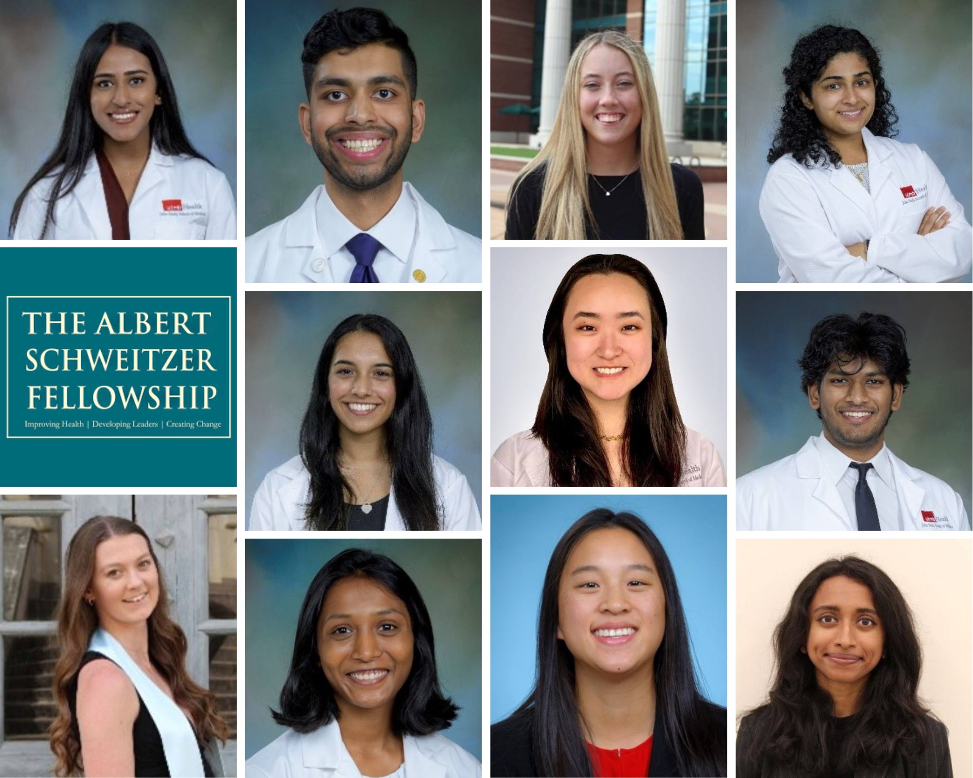 A grid of individual portrait-style photos arranged around a central panel displaying the text “The Albert Schweitzer Fellowship.”