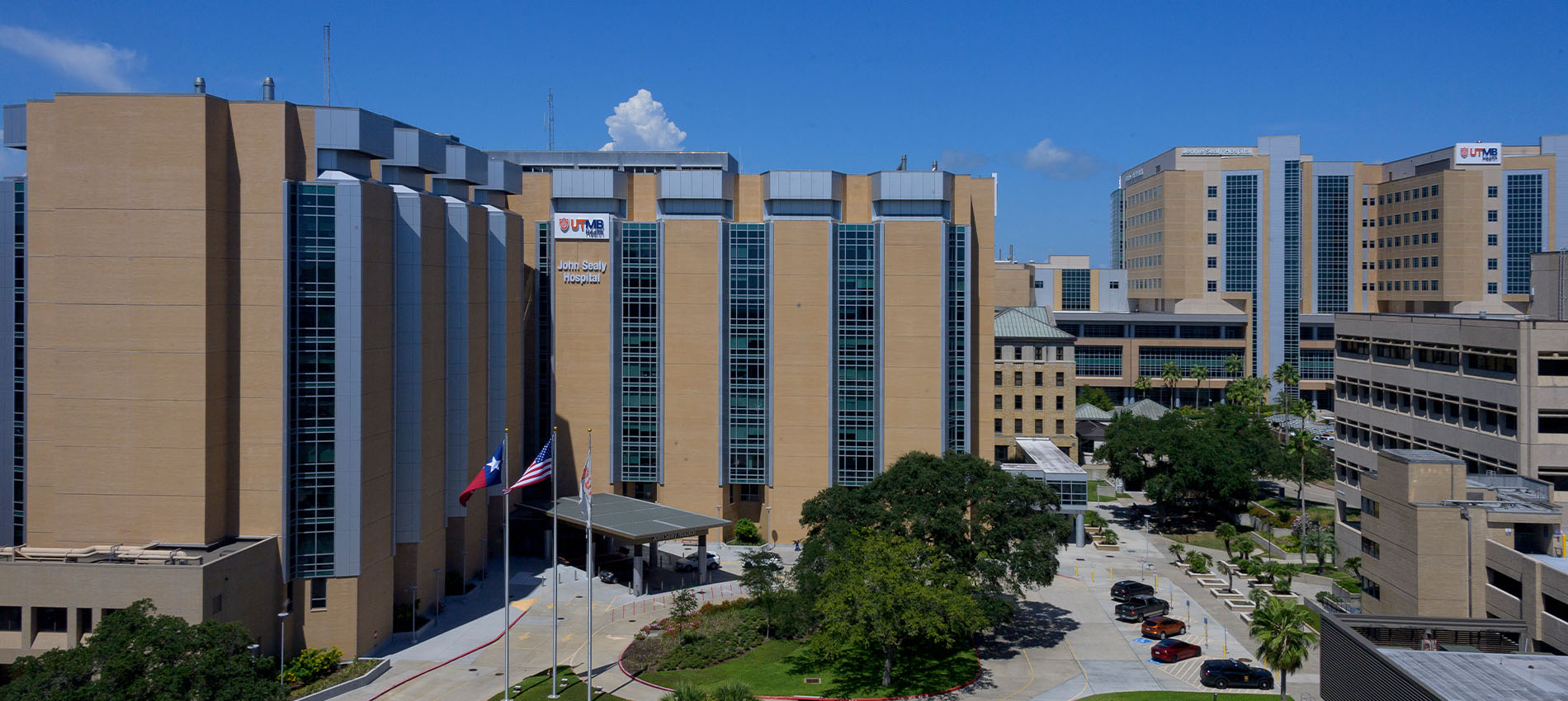 Aerial view of the University of Texas Medical Branch (UTMB) campus in Galveston, Texas.