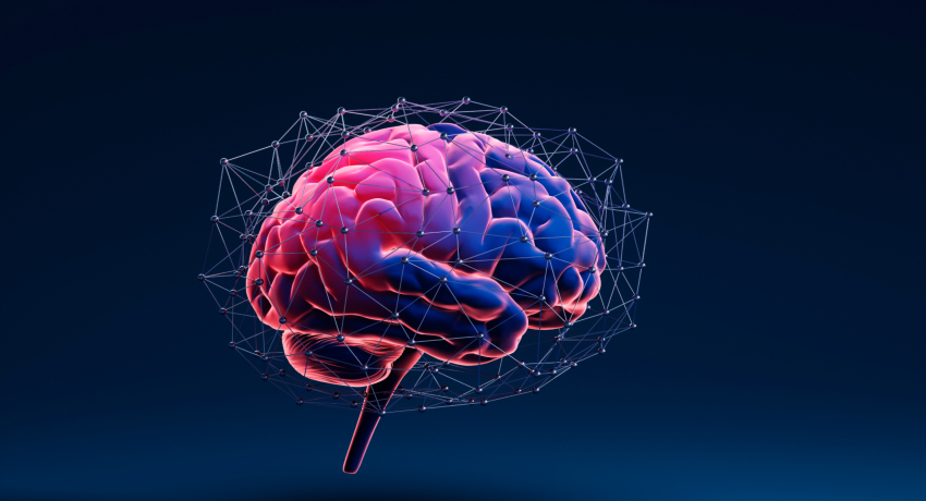 Illustration shows a human brain surrounded by a network of interconnected nodes and lines against a dark blue background.