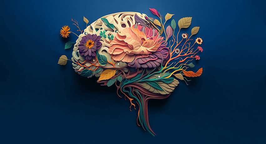 Illustration of a human brain formed from layered flowers, leaves, and branching plant stems on a dark blue background.