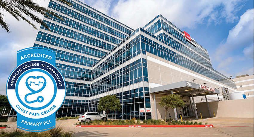 Exterior view of the UTMB Health Clear Lake hospital building with glass façade and palm trees in front. An American College of Cardiology Chest Pain Center accreditation badge appears in the lower left corner.