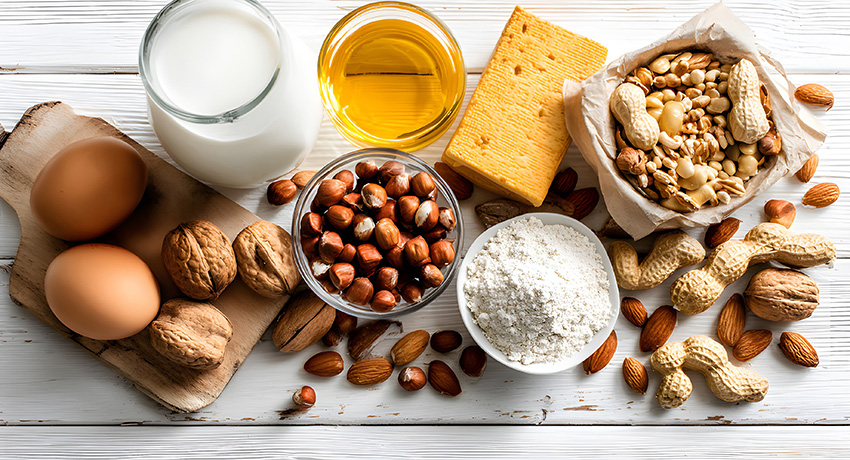 A group of foods arranged on a white wooden surface, including eggs, milk, nuts, seeds, cheese, cooking oil, and flour.