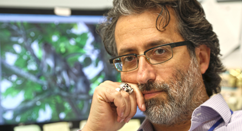 Close-up portrait of a man with salt-and-pepper hair and a short beard, wearing rectangular glasses and a light purple striped button-down shirt. He rests his chin on his hand, showing a large ring, and looks thoughtfully toward the camera.