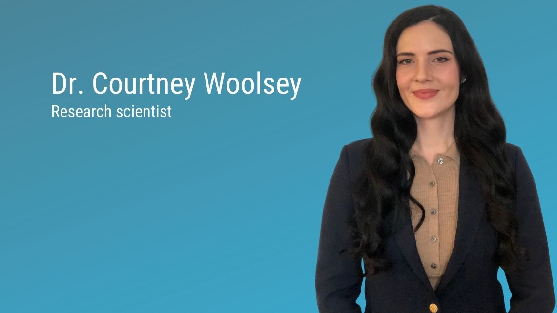 Headshot of Dr. Courtney Woolsey with text that says "Dr. Courtney Woolsey, research scientist"