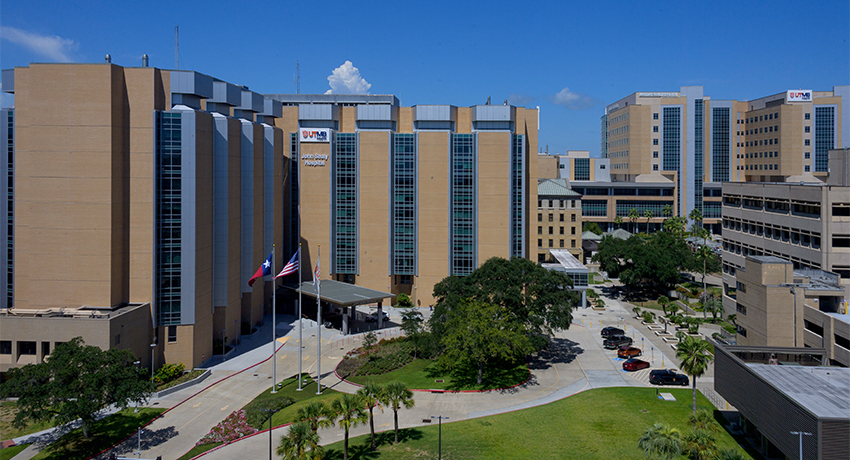 Aerial view of the University of Texas Medical Branch (UTMB) campus in Galveston, Texas.