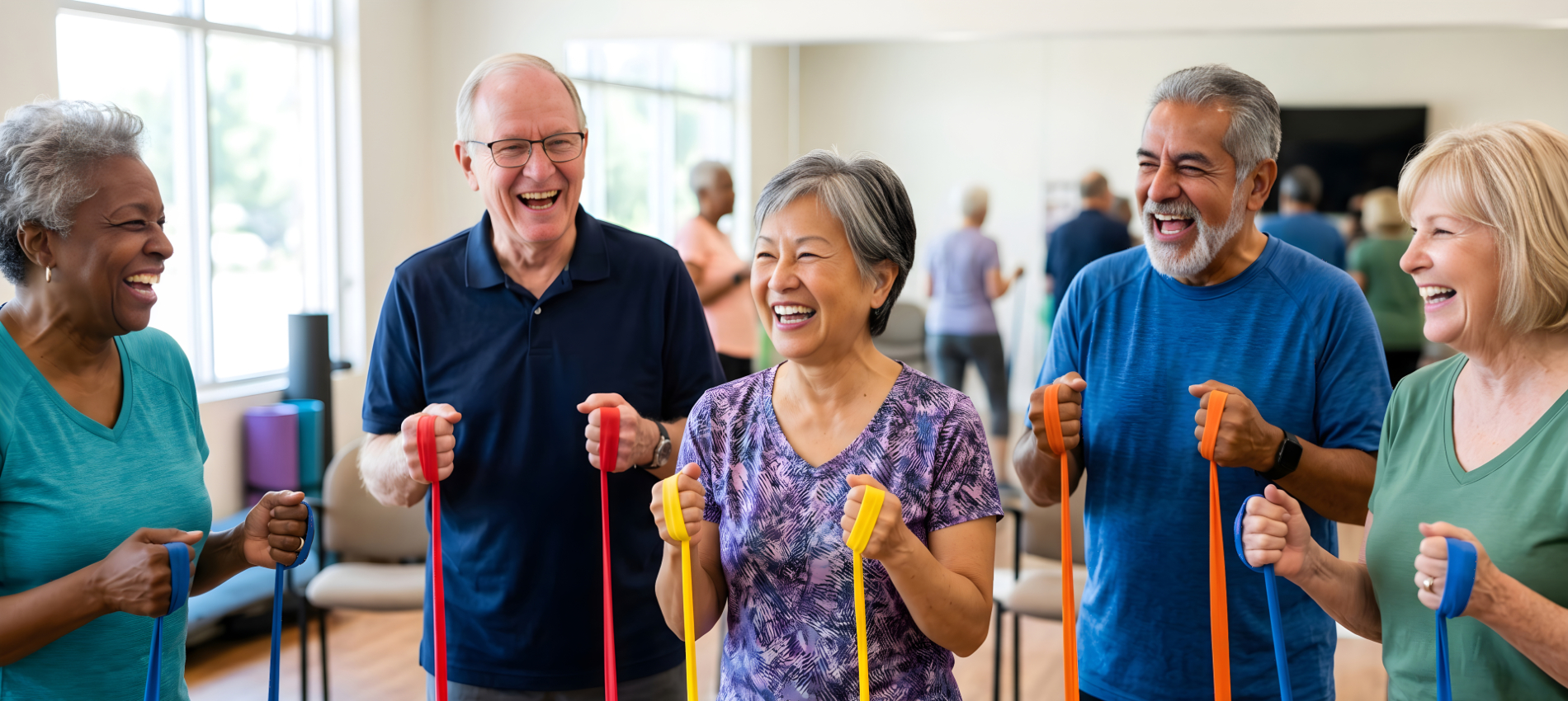 Five adults are standing in a fitness class holding colorful resistance bands while exercising together in a bright room.