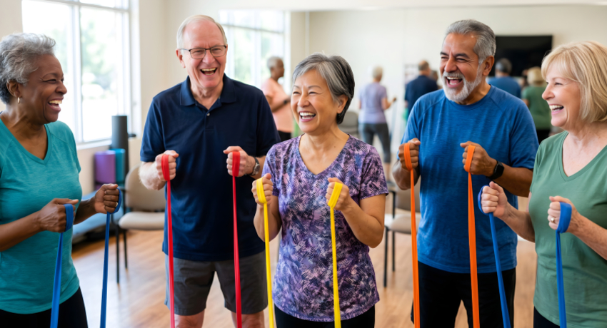 Five adults are standing in a fitness class holding colorful resistance bands while exercising together in a bright room.