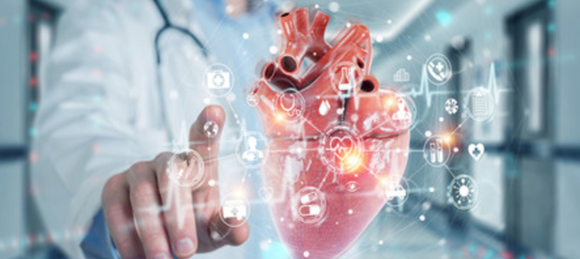A medical professional in a white coat gestures toward a three-dimensional digital model of a human heart floating in a hospital hallway.