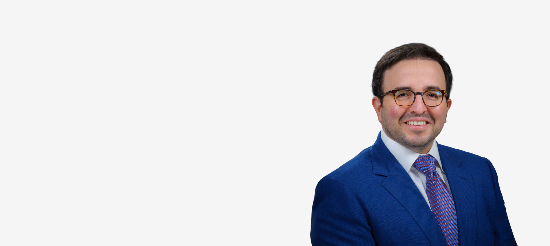 Professional head-and-shoulders portrait shows a man wearing glasses, a blue suit jacket, white shirt, and patterned tie against a light gray background.