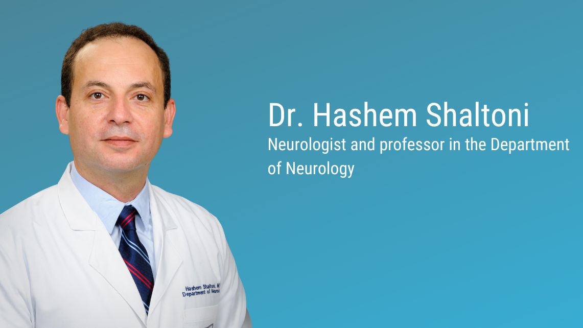 Professional headshot of Dr. Hashem Shaltoni in white medical coat next to his name and title on blue background