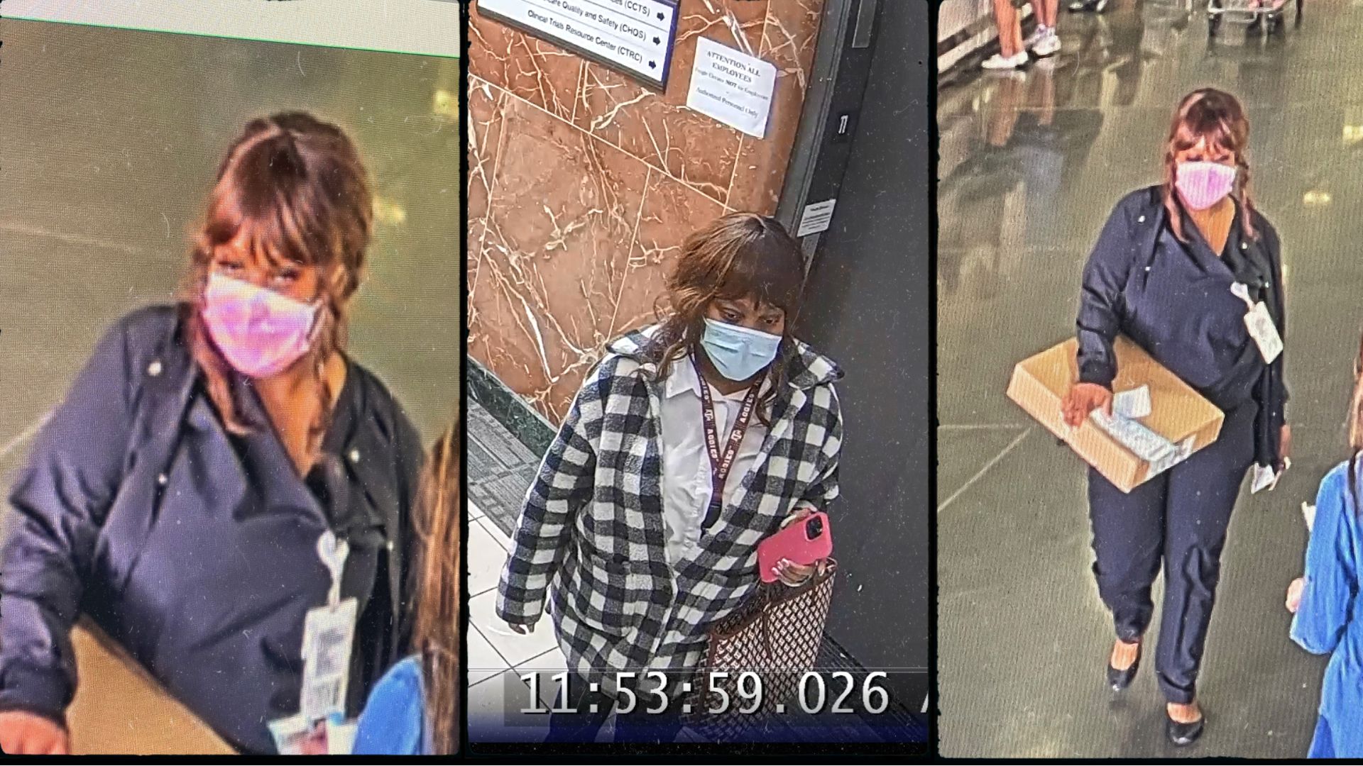 Three surveillance images show the same person wearing different outfits, including a dark jacket with an ID badge, a checkered coat with a medical mask, and a dark pants outfit while carrying a cardboard box.