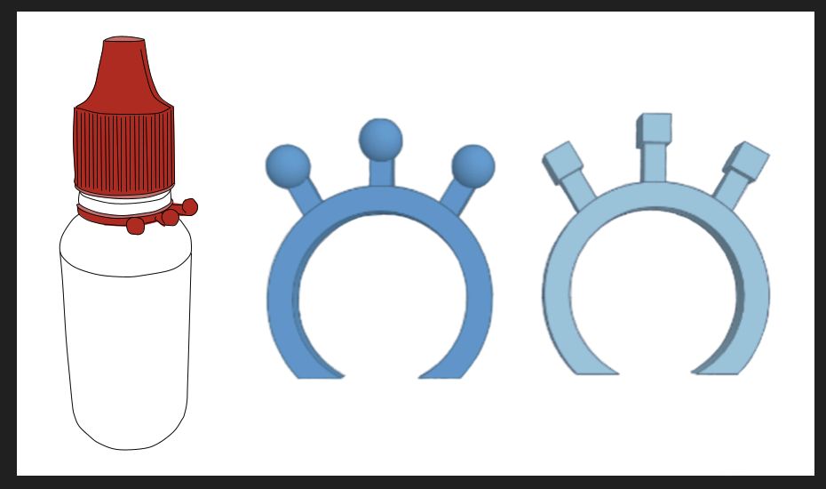 Illustration showing an eye‑drop bottle fitted with a tactile ring adaptor and two additional 3D‑printed ring designs with different protrusion shapes.