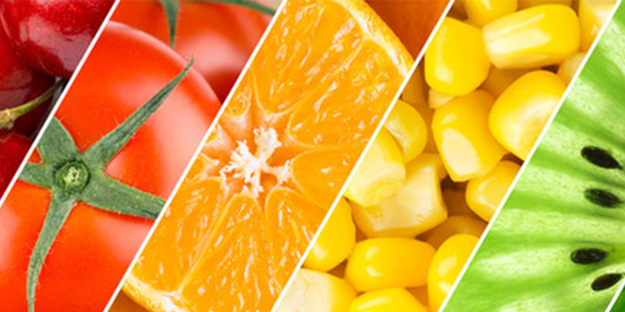 Colorful close-up images of fresh fruits, including tomatoes, oranges, corn, and watermelon, arranged side by side to represent healthy food choices and balanced nutrition