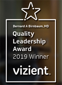Rectangular black and gold graphic displaying the Vizient Bernard A. Birnbaum, MD, Quality Leadership Award with the text ‘2019 Winner’ and the Vizient logo.