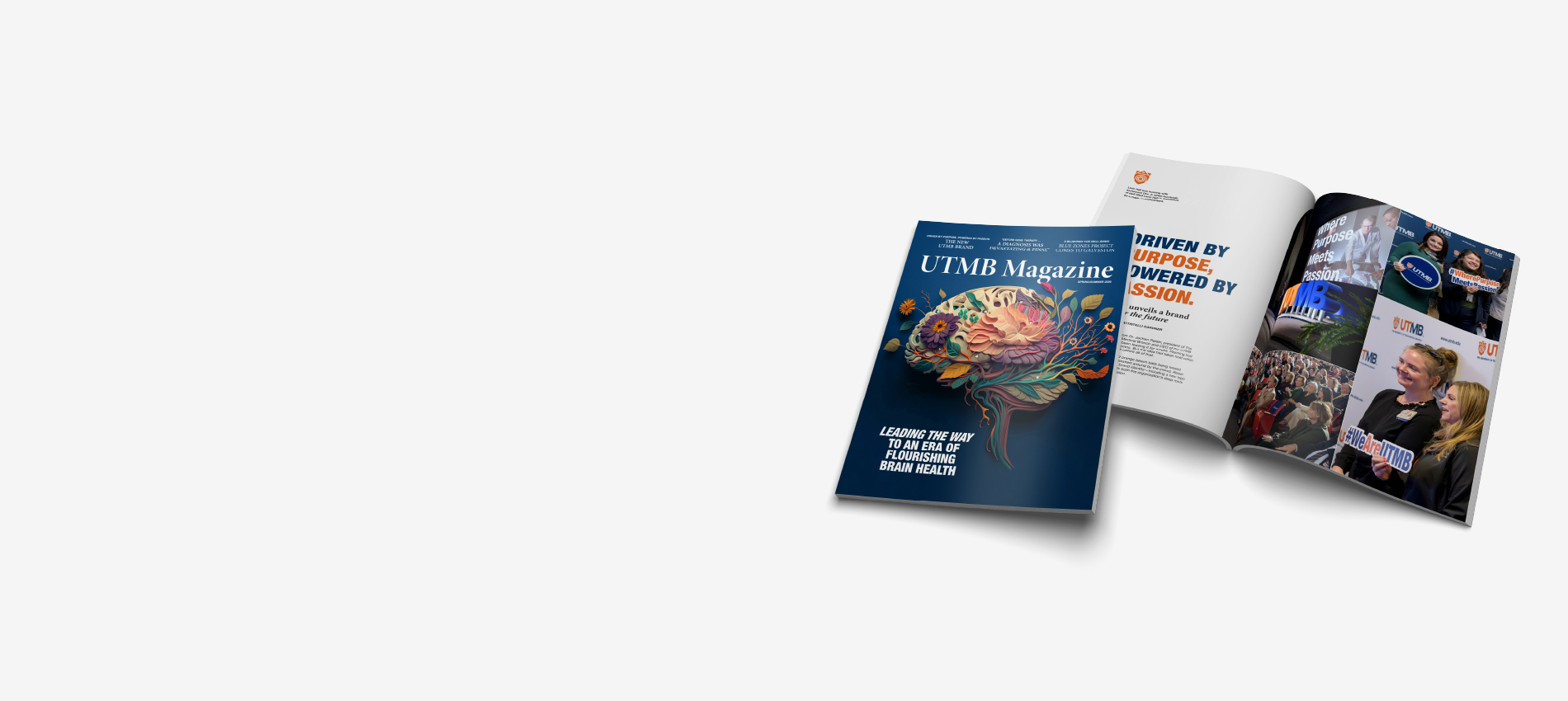 The cover of UTMB magazine shows brain-shaped artwork featuring plant elements and introducing the main article with the headline "Leading the way to an era of flourishing brain health." A second spread shows photos of people at the UTMB brand launch.