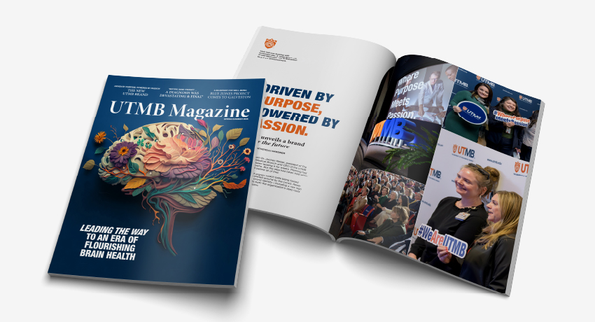 The cover of UTMB magazine shows brain-shaped artwork featuring plant elements and introducing the main article with the headline "Leading the way to an era of flourishing brain health." A second spread shows photos of people at the UTMB brand launch.